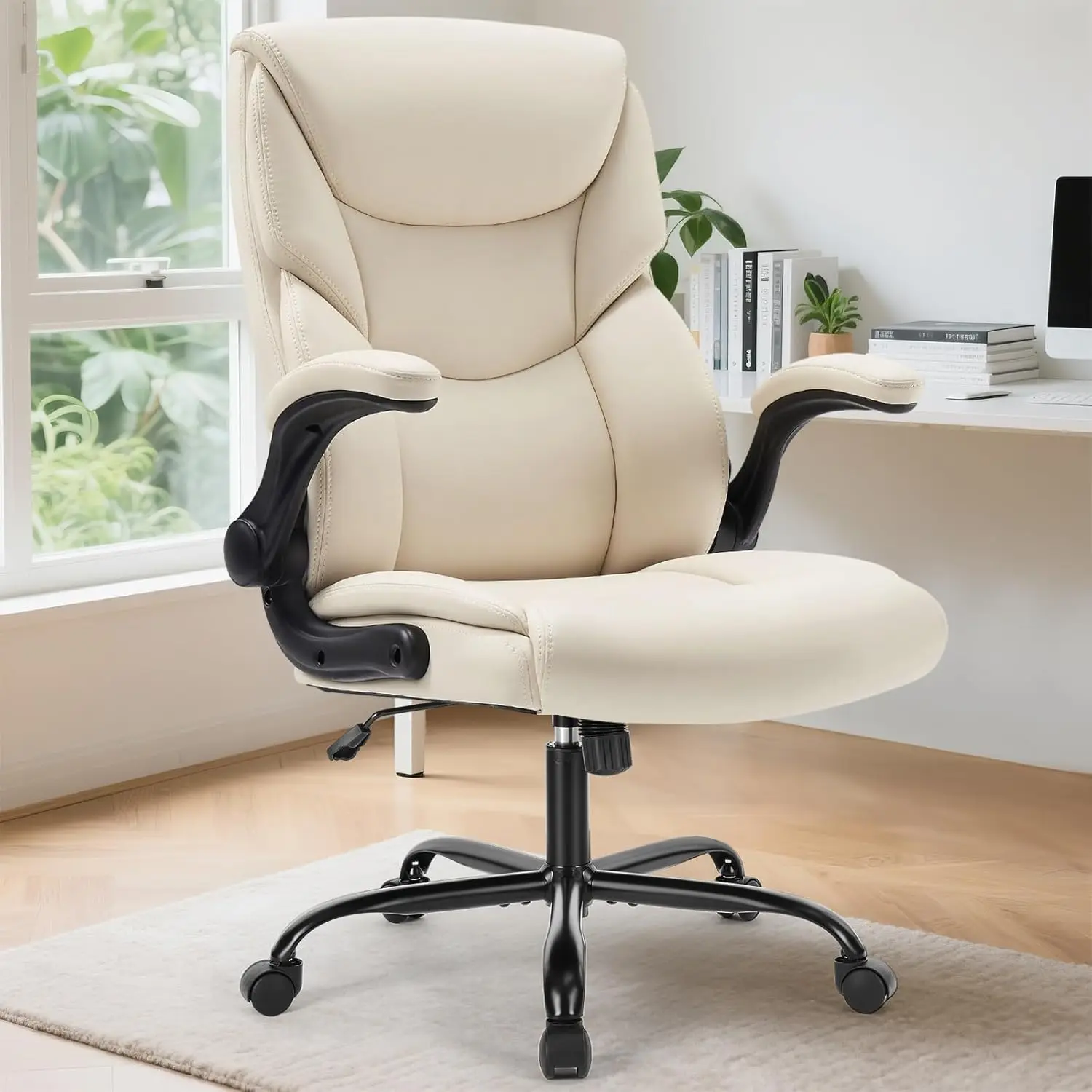 

Ergonomic Office Chair, Heavy Duty Gaming Task Chair with Flip-up Arms, PU Leather, Adjustable Swivel Rolling Chair, Cream White