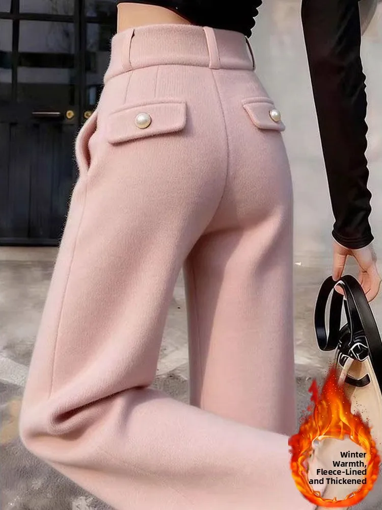 

Warm Pink High Waist Straight Leg Pants Women's Loose Slimming Commute Lazy Sle Drapey Pants Autumn Winter New Arrival