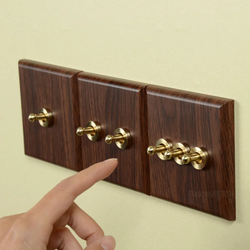 Wood Grain Wall Switch EU RU FR Socket Luxury Brass Toggle Light Switches Retro Walnut Wooden Outlet Panel 1/2/3/4 Gang 16/20A