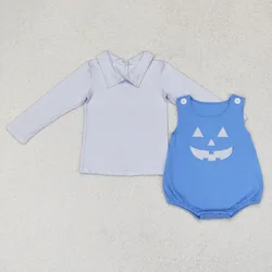 Wholesale Toddler Long Sleeves Plaid Shirt Embroidery Pumpkin Blue Romper Children Kids Halloween Outfit Baby Boy Set Clothing