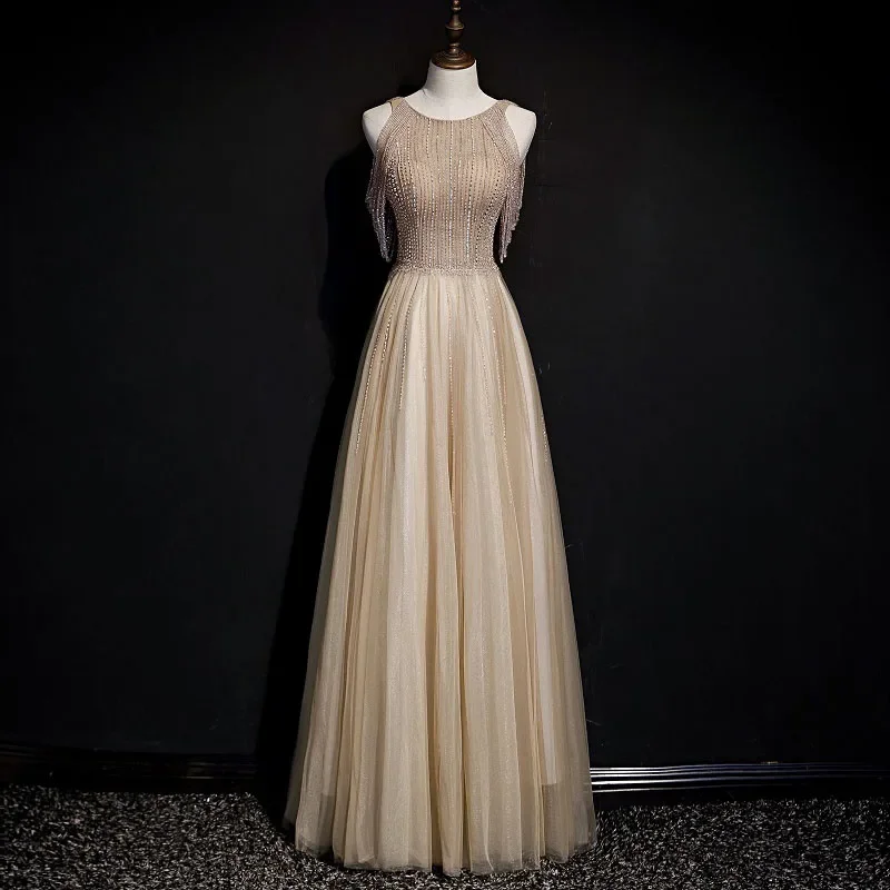 

Customized Evening Dress Khaki Handmade Beads O-neck Floor-Length Luxurious A-Line Plus size WOman Party Formal Gowns B1271