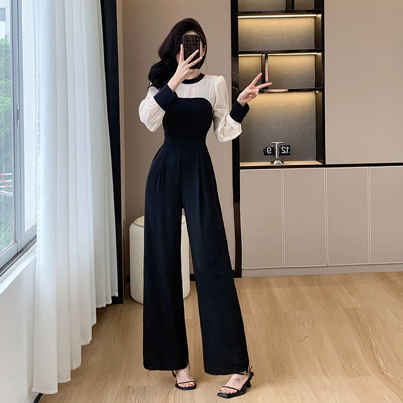 Elegant O-neck Romper Jumpsuit Pants For Women New Autumn Contrast-color Long-sleeve Shirt Office High Waist Wide Leg Jumpsuits
