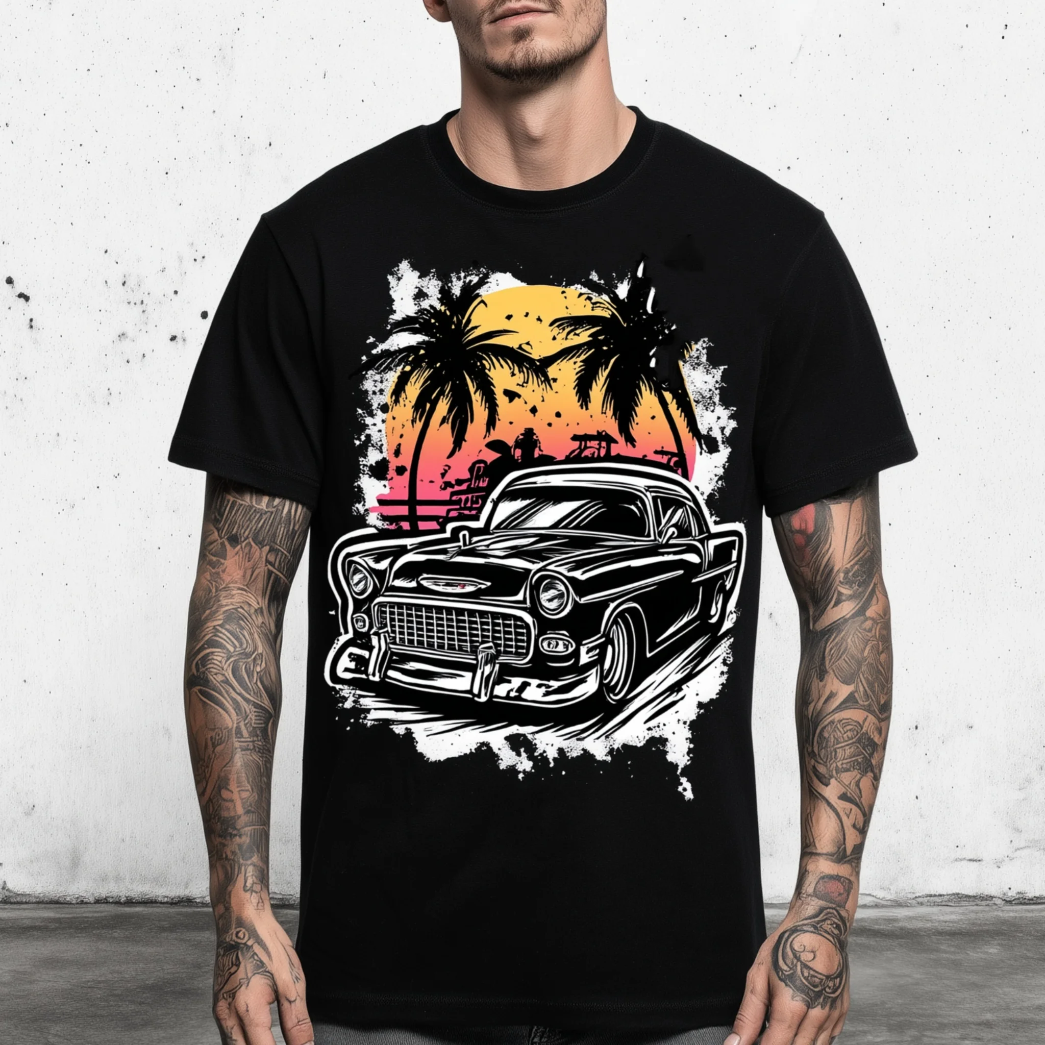

Teevo Men's T-Shirt Vintage Car and Palm Trees Print Casual Wear for Beach Travel Summer Style Graphic Tee Comfortable