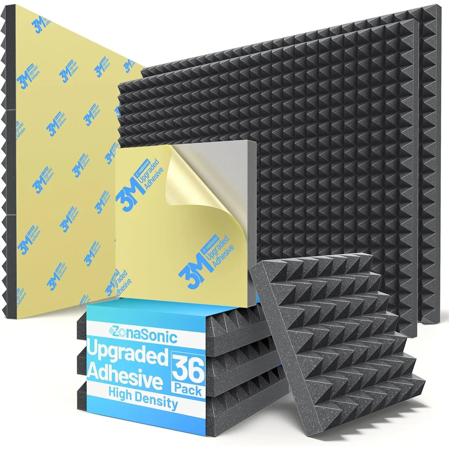 

36 Pack Pyramid Sound Proof Foam Panels for Walls, Self-Adhesive 3"x12"x12" High Density Acoustic Panels, Sound Absorbing for