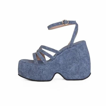Blue Platform Wedges Sandals Gray Denim Chunky Wedges Summer Punk Party High Heels for Women 2024 Designer Shoes Sabdalia