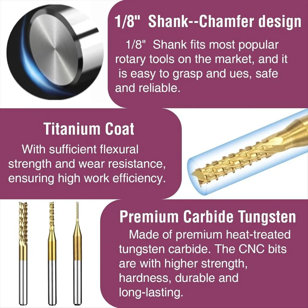 Premium 10 Pieces Titanium Coated Engraving Milling Cutter Carbide Bits, 0.8-3mm, 1/8inch Shank End Mill Sets for Rotary Tools