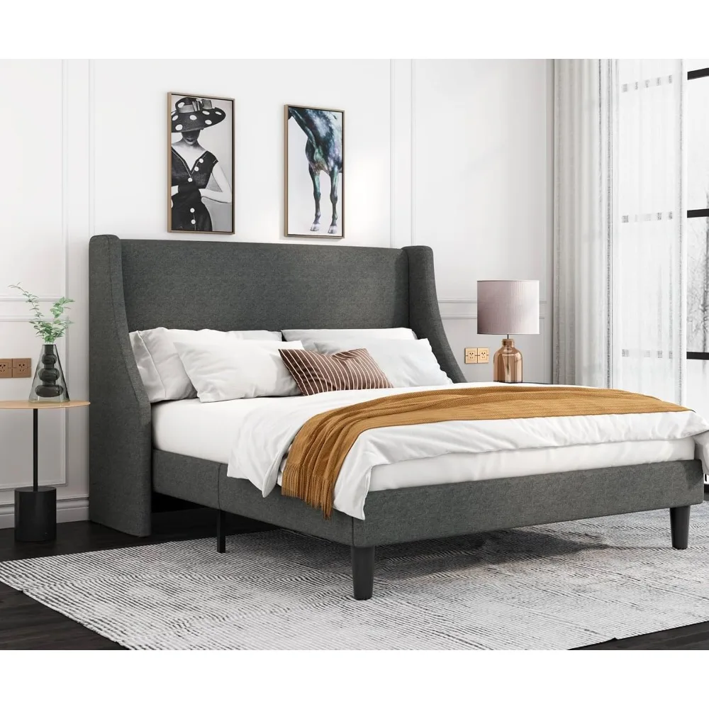 

Queen Bed Frame, Platform Bed Frame Queen Size with Upholstered Headboard, Modern Deluxe Wingback, Wood Slat Support, Mattress