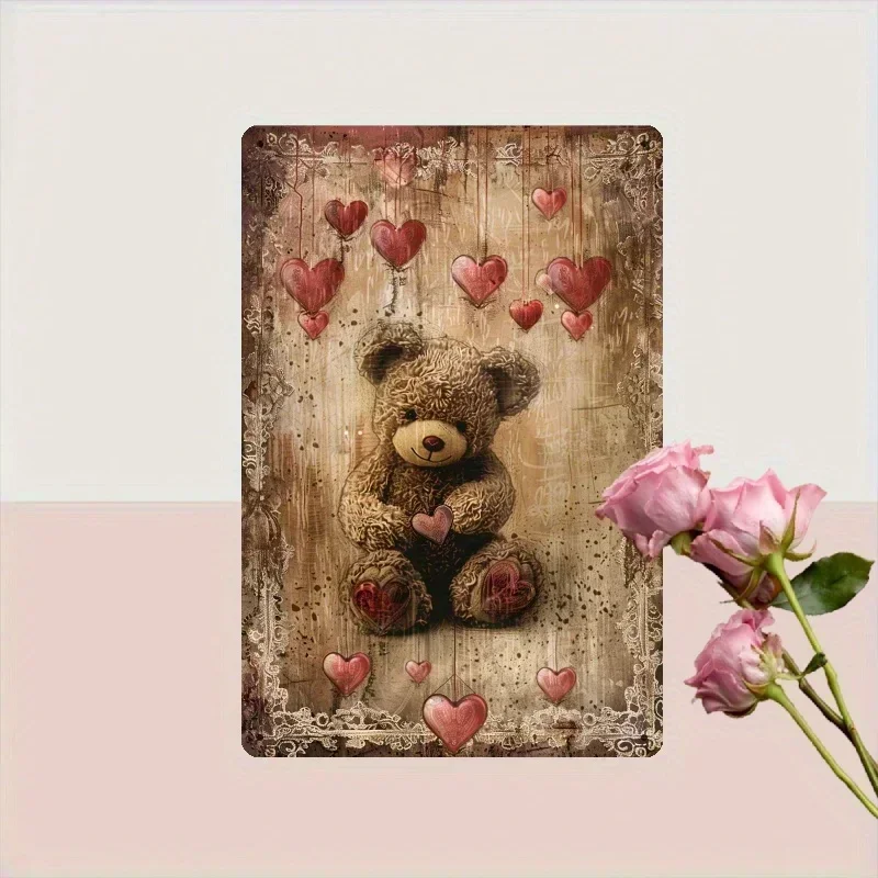 [2D Flat] 1pc Vintage Teddy Bear with Heart Metal  Sign - Rustic Valentine'S Day Wall Decor for Home, Cafe, Restaurant, Garage