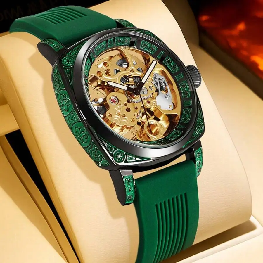 A Men's Green Tape Sports Casual Tourbillon Carved Automatic Mechanical Watch