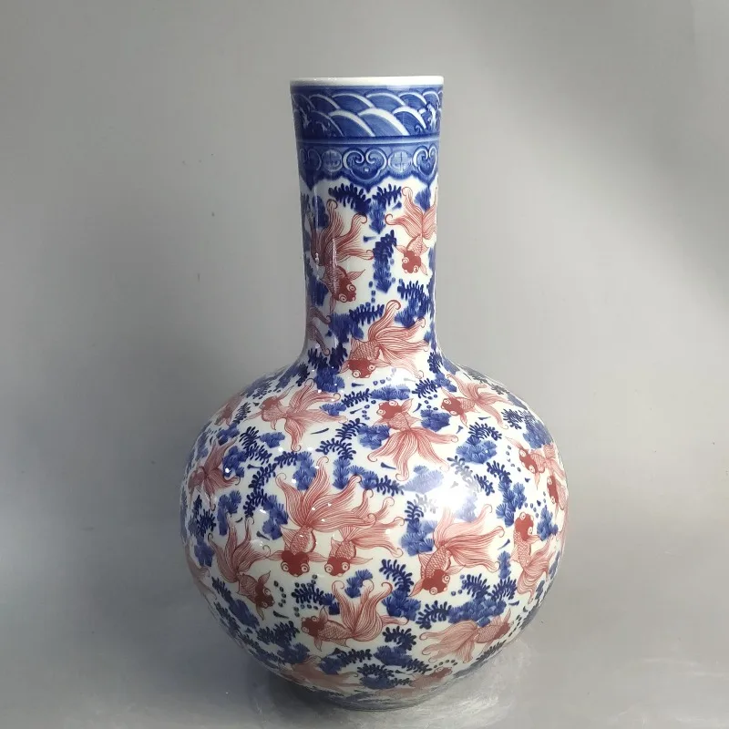Jingdezhen ceramic antique vase blue and white underglaze red fish music pure hand-painted fine porcelain porcelain formulated c