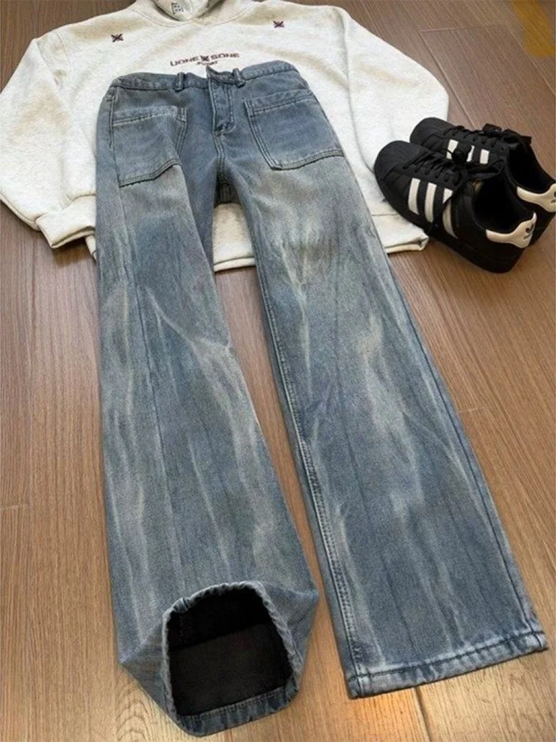 

Retro American Waed Blue Lightning Pattern Men's Fce Lined Denim Jeans High Street Sle Workwear Pants Winter Warm