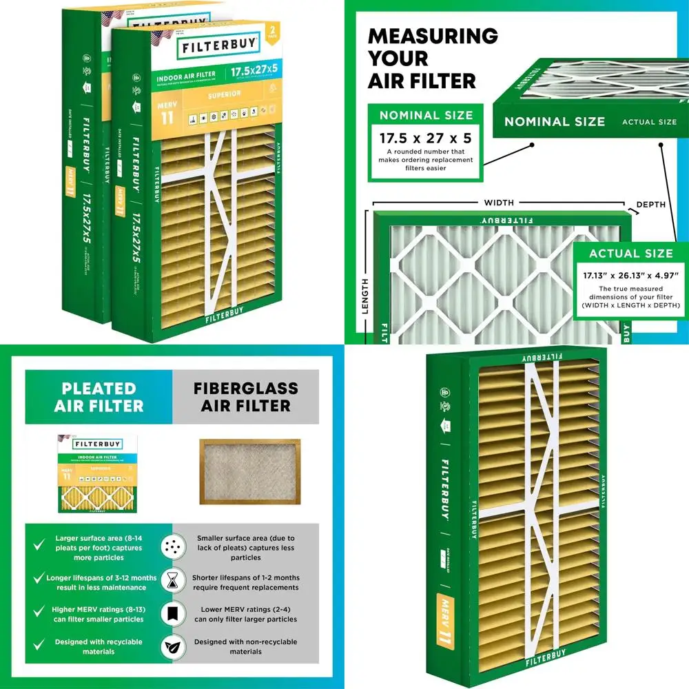 

17.5x27x5 MERV 11 Air Filter for Pet & Allergy Relief (2-Pack), Pleated for HVAC Systems