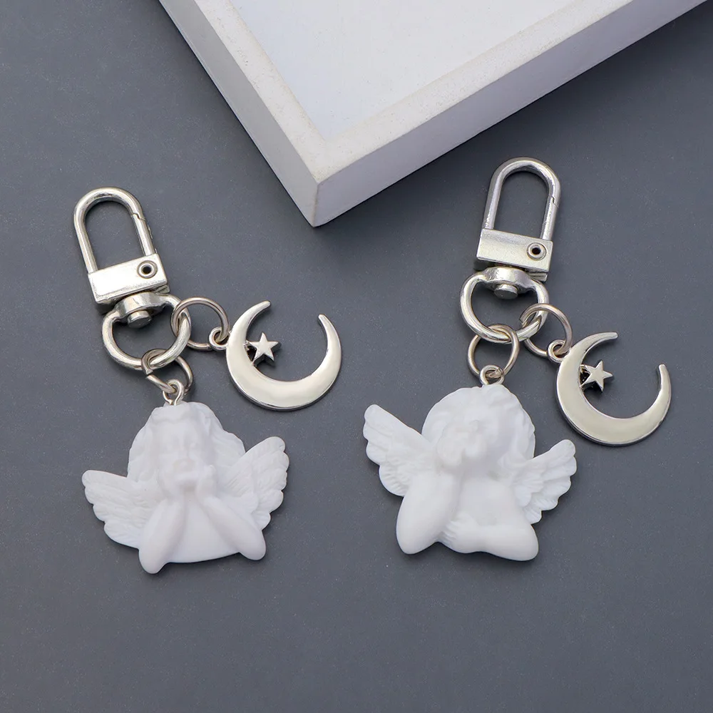 Creative Alloy Resin Cute Cupid Star Moon Keychain Girl Bag Charms Women's Fashionable Keyring DIY Decorations Accessories Gift