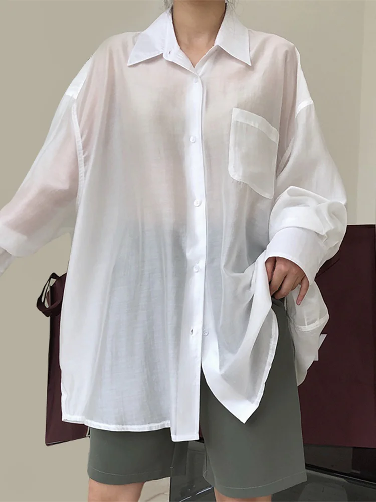 Twotwinstyle camisa casual para mulheres lapela gola manga longa minimalista um tamanho camisas soltas femininas 2020 roupas de verão novo