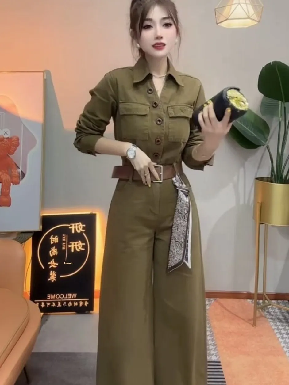 

Ele Autumn Outfit Women's Jumpsuit Wide Leg Pants Turn-down Collar Slimming High Waist Long Pants Comfortable Luxury