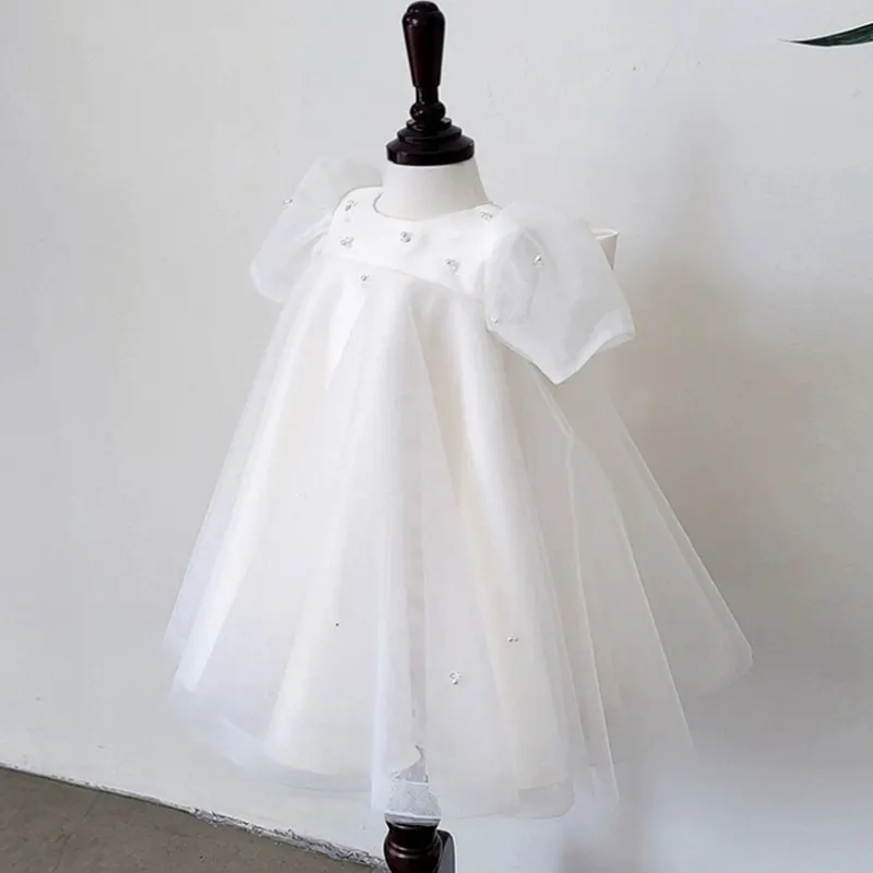 Fashion Baby Girl Princess Bow Dress Puff Sleeve Infant Toddler Child White Shine Tulle Vestido Party Birthday Baby Clothes 1-7Y