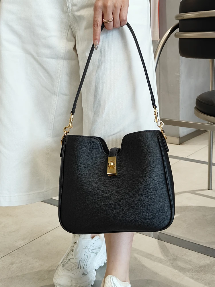 

genuine leather fashon women's balck bucket bag luxury designer shoulder crossbody beige bags high quality gray bag female