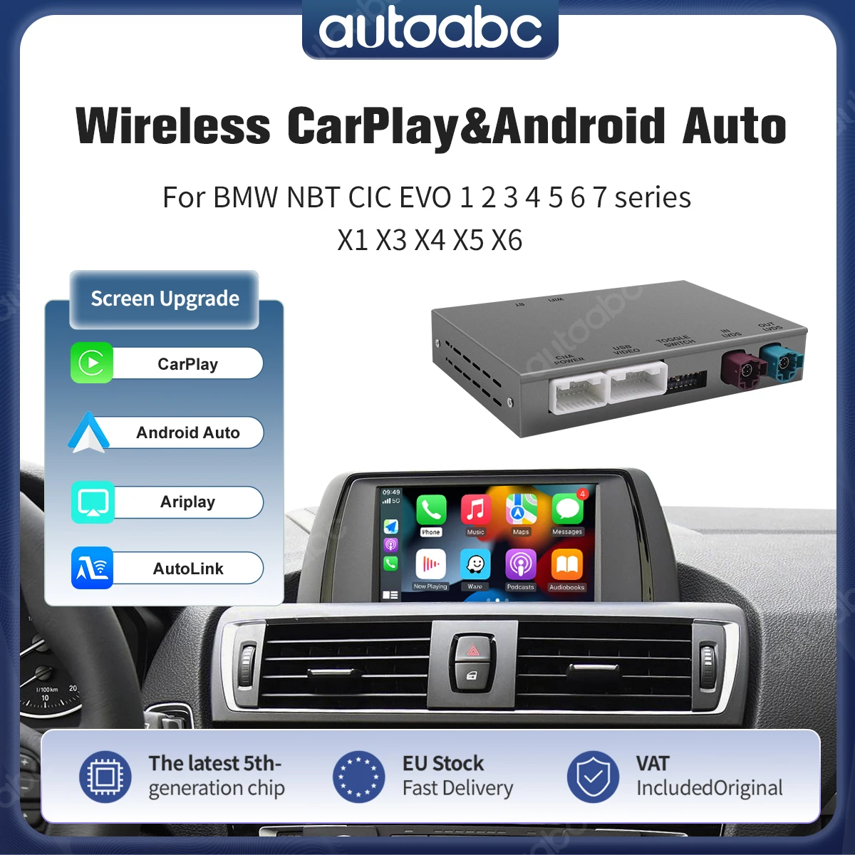 Décodeur sans fil CarPlay Android Auto pour BMW NBT CIC EVO 1 2 3 4 5 6 7 Series X1 X3 X4 X5 F20 F30 F10 E60 E90 F48 F25 E84, Interface de rétrofit, Mirror Link, AirPlay, Bluetooth, Module de navigation