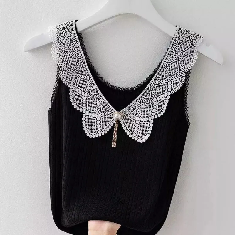 Summer New Ice Silk Tank Top Women Korean Fashion V-neck Solid Patch Lace Pearl Decoration Casual Sexy Sleeveless Bottoming Vest