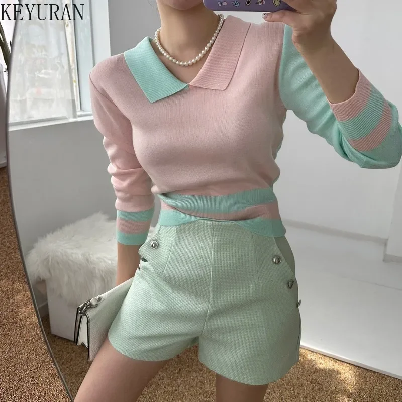 2024 Autumn Color Blocked Knitted Sweater Women Korean Fashion Chic Casual Slim Long Sleeve Crop Tops Pullovers Sweaters Jumpers