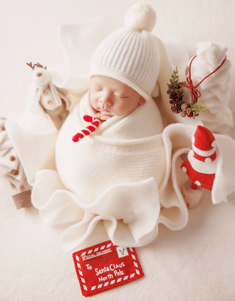 Christmas Newborn Wrap Sleepy Hat for Photography Props X\'mas Stretch Baby Wrap White Hat Felted Layer Newborn Props Accessories