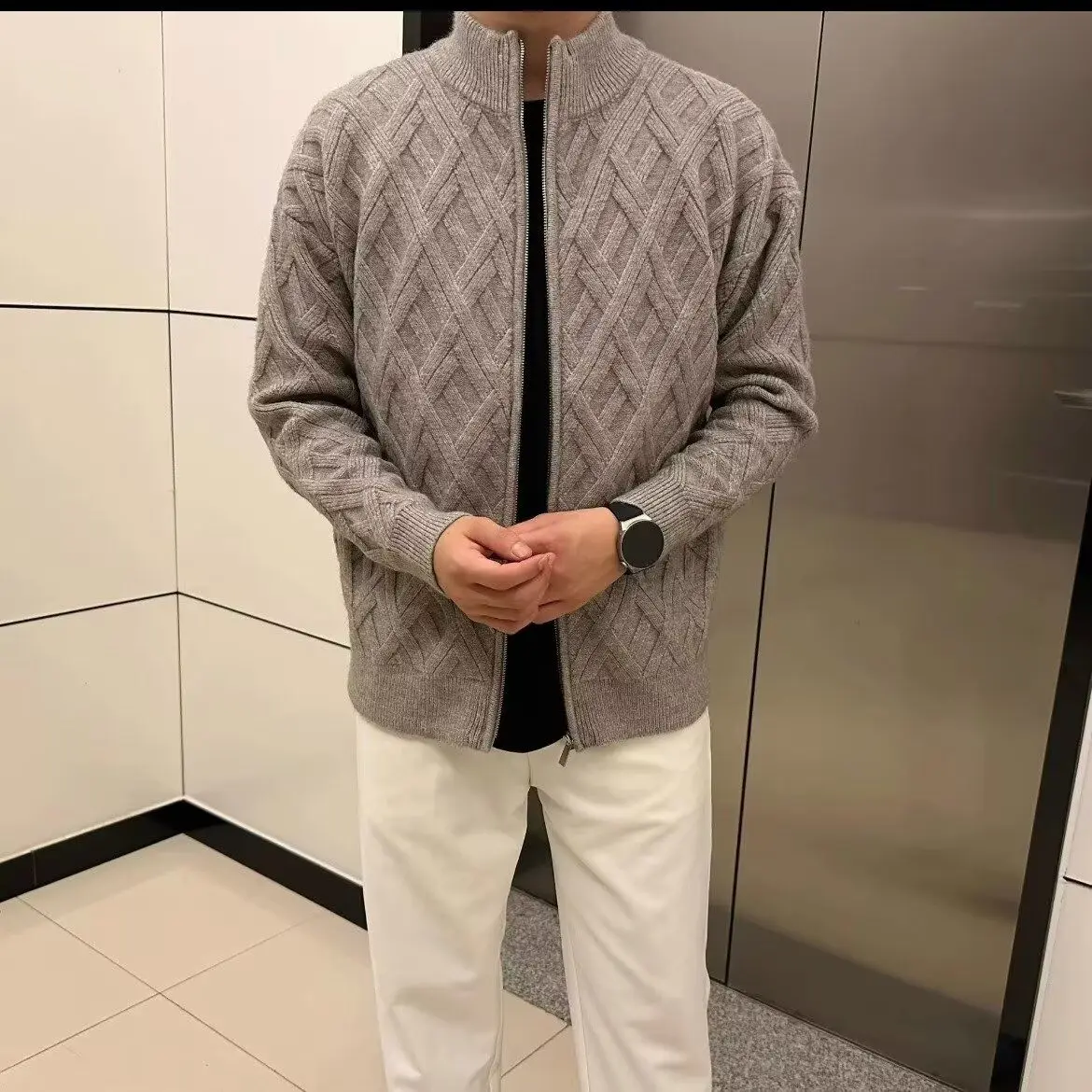 

Модный мужской свитер с высоким воротником и цветным ромбовидным узором, повседневный вязаный кардиган из полиэфирного волокна