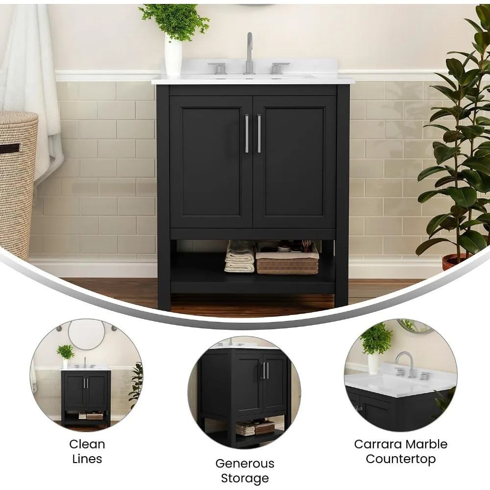 Bathroom Vanity with Sink Combo, Storage Cabinet with Soft Close Doors and Open Shelf, Carrara Marble Finish Countertop, Black