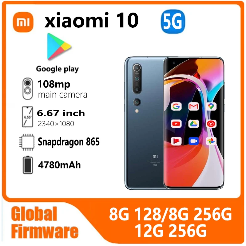 Xiaomi 10 smartphone 5G Globális Firmware qualcomm snapdragon865 108mp 6.67inch 4780mah 2340x1080px Elhasznált telefont