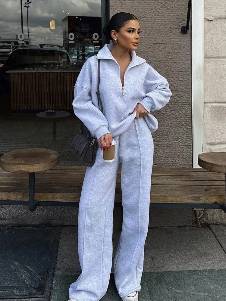 

Autumn Winter Lady Solid Color Two-piece Set Fashion Flip Collar Half-open Collar Sweatshirt Long Pant Suit Female Office Outfit