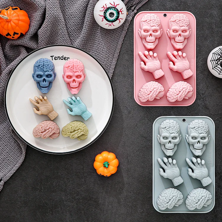 

6 Cavity Zombie Skull Hand Brain Silicone Mold Fondant Candy Chocolate Mould Halloween Epoxy Ice Grid Plaster Mold Cake Decor
