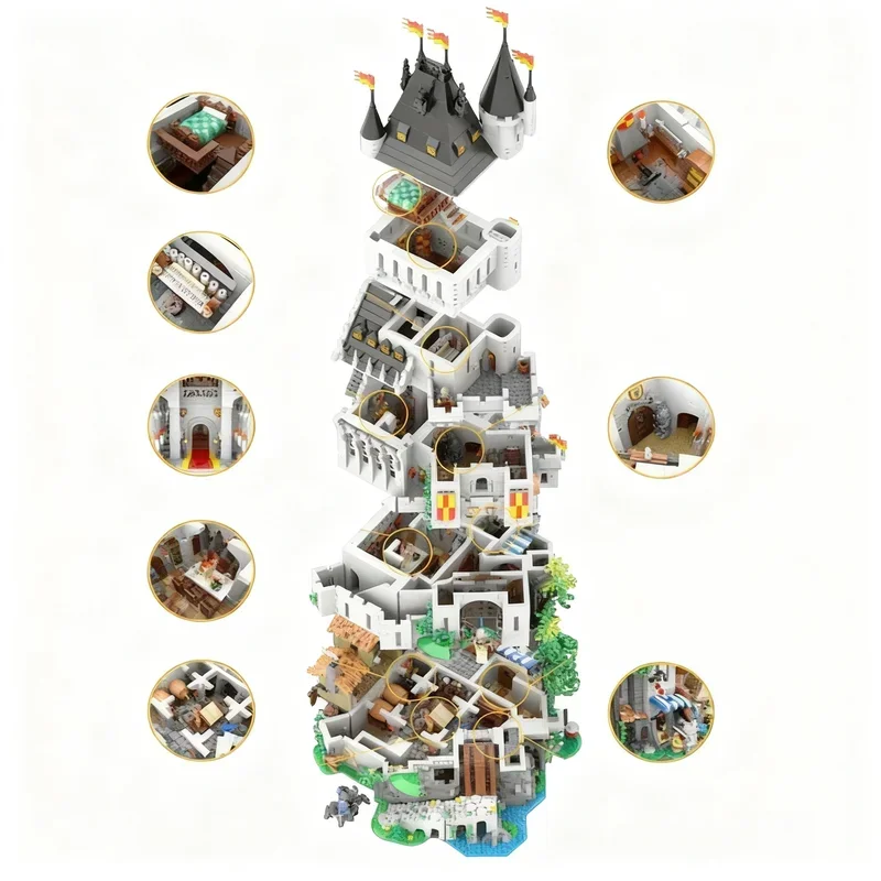 9630PCS MOC Medieval Castle Lion Knights High Tower Model Building Blocks Creative Assembly Display Home Decor Construction Gift