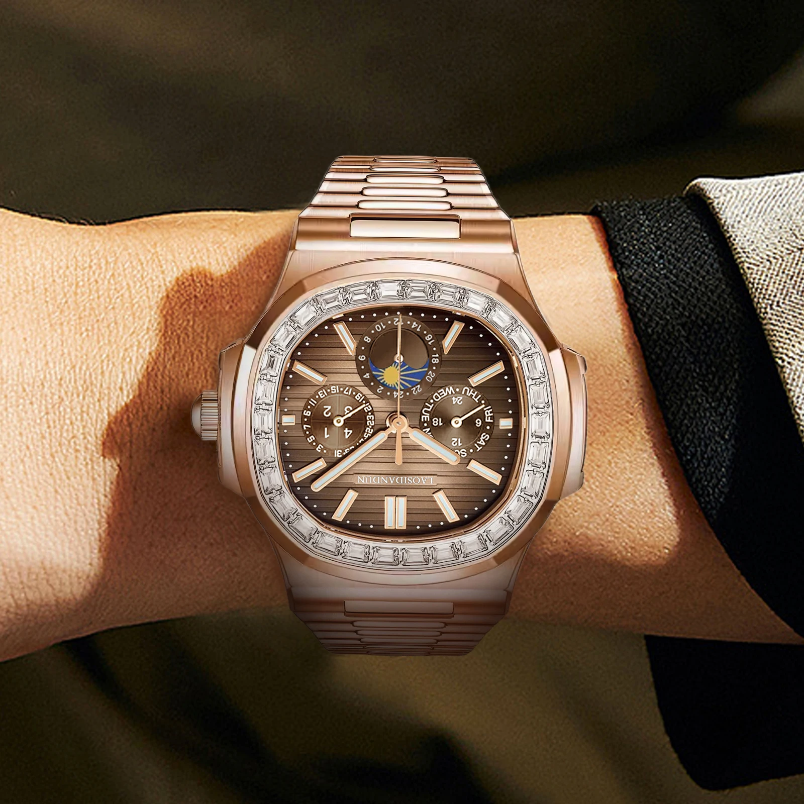 Luxury Nautical Design Automatic Watch 40mm, Stainless Steel Curved Bezel with Date & Diamond Markers, 5ATM Waterproof Sapphire