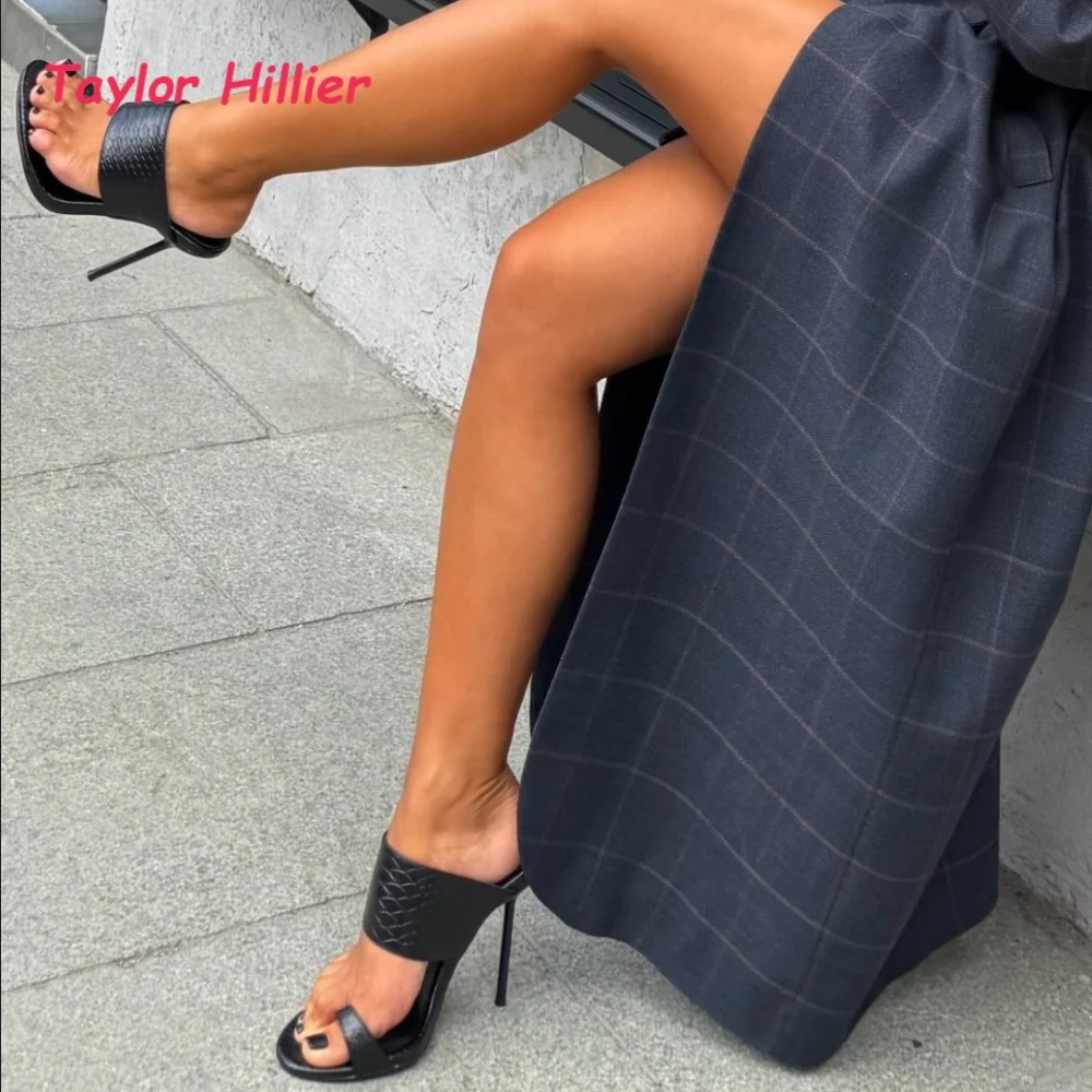 Open Toe Textured Faux Leather Mules Ladies Slip On Stiletto High Heels New Arrival Summer Outdoor Party Elegant Fashion Sandals