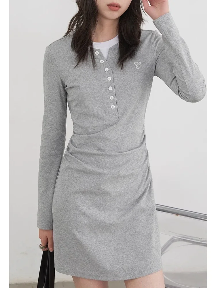 シック VEN 女性ドレス A ライン O ネックカジュアル新コントラスト長袖スポーツ Tシャツドレススリムプリーツ春夏 2025