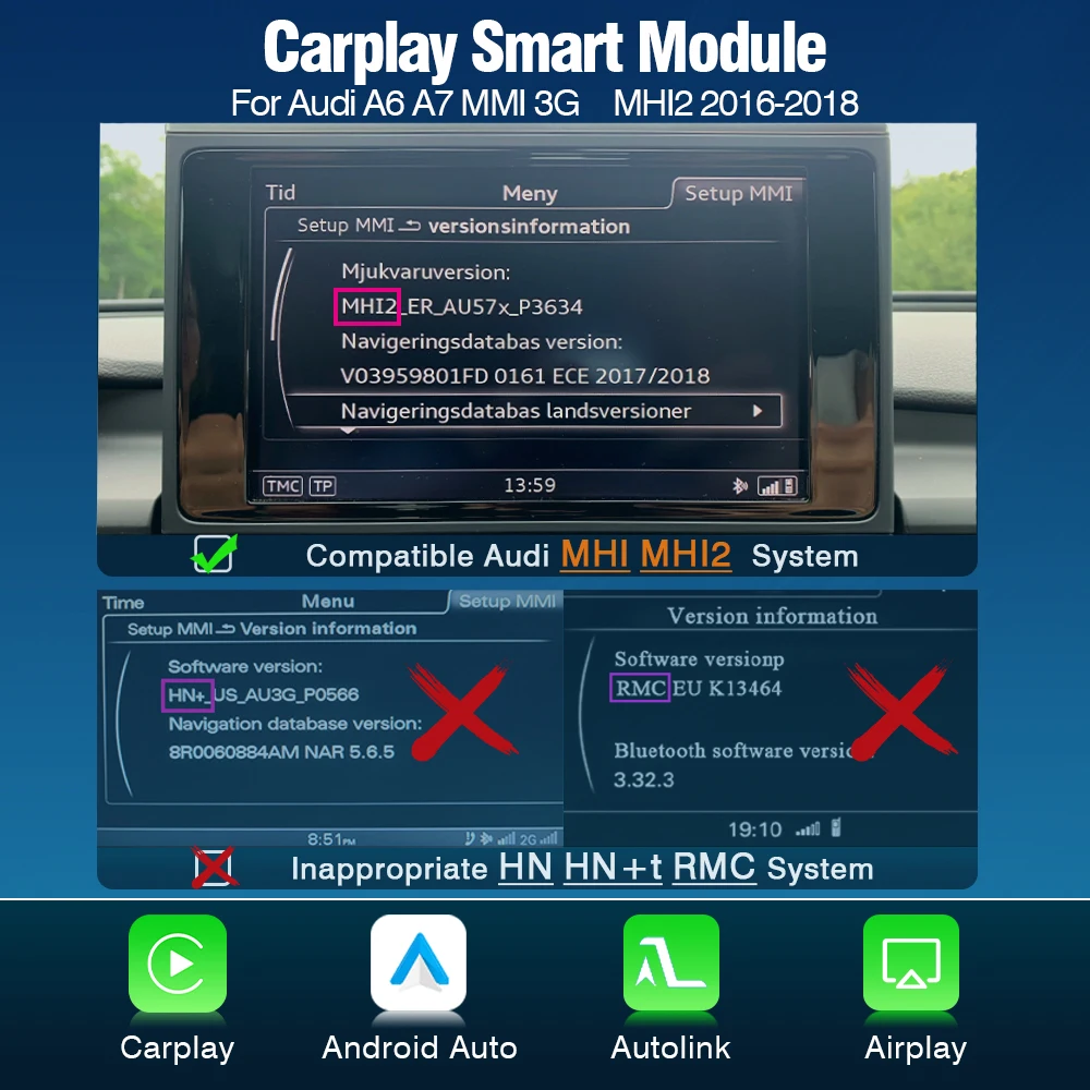 AUTOTOP Draadloze Carplay Android Auto Interface Integratie voor AUDI A6 A7 C7 HN RMC MHI Mirror Link AirPlay AUX BT Automodule - afbeelding 1