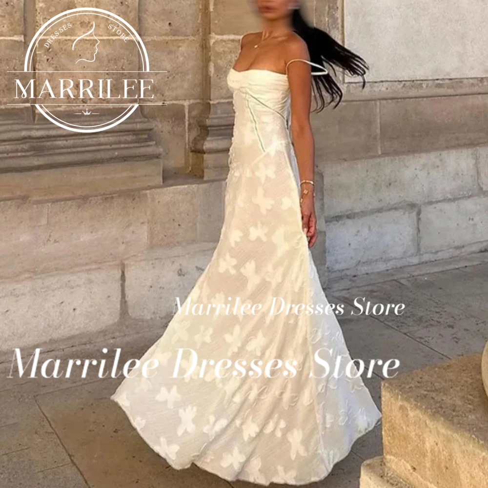 Marrile Customized Charming Spaghetti Strap Floral Print Stain Evening Sexy A-Line Boat Neck Sleeveless Lace Up Prom Gowns Robes