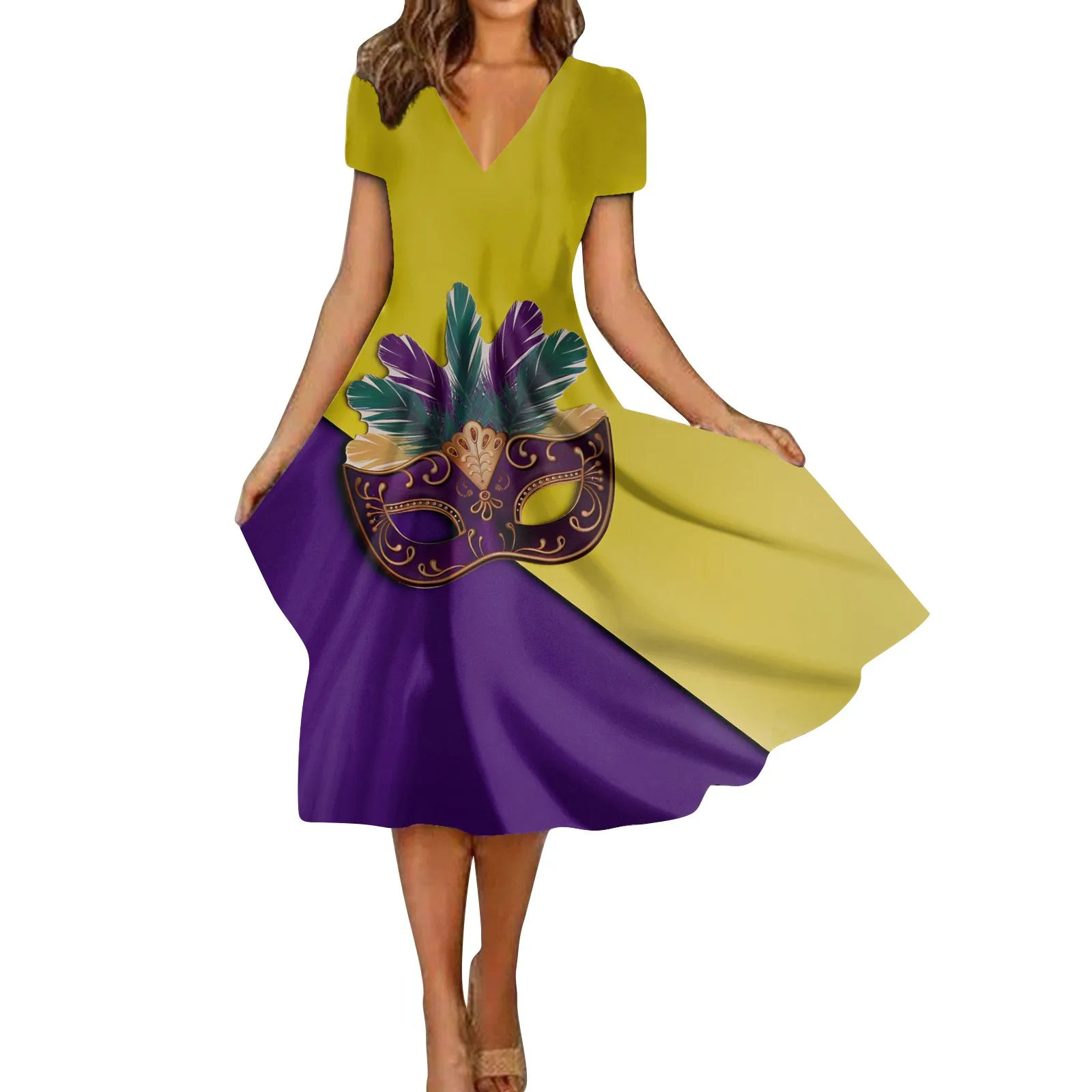 فساتين رسمية بطول الكاحل للنساء ، رقبة حرف V ، أكمام طويلة ، كرنفال مطبوع ، فساتين رسمية للفتيات