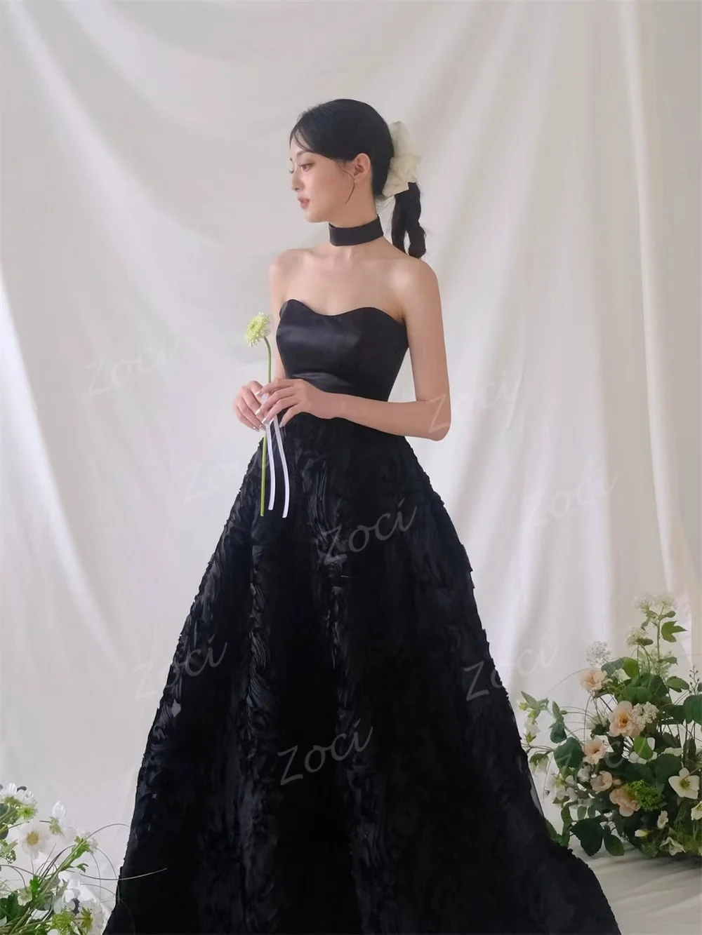 Zoci الحبيب الساتان الدانتيل الأسود كوريا فساتين الزفاف 3D الزهور ألف خط التقاط الصور العروس حزب أثواب مخصصة