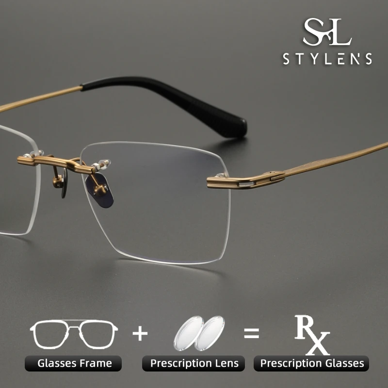 

STYLENS безрамные квадратные очки из чистого титана, модные стильные мужские очки с защитой от синего света, очки для близорукости, оптические очки по рецепту80957