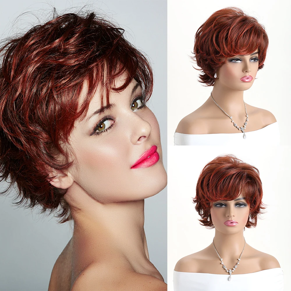 

10 Inch Short Natural Synthetic Brown Wigs With Bangs Soft Hair Daily Use Ombre Curly Hair Costume Party Wig For Women