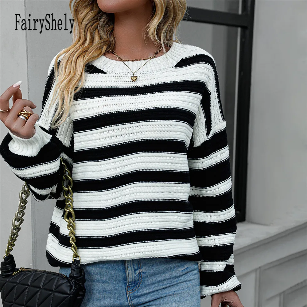 Fairyshely 2024 Autumn Winter Long Sleeve Striped Sweater Women Casual O-Neck Patchwork Pullover Ladies Loose Knit Warm Jumpers