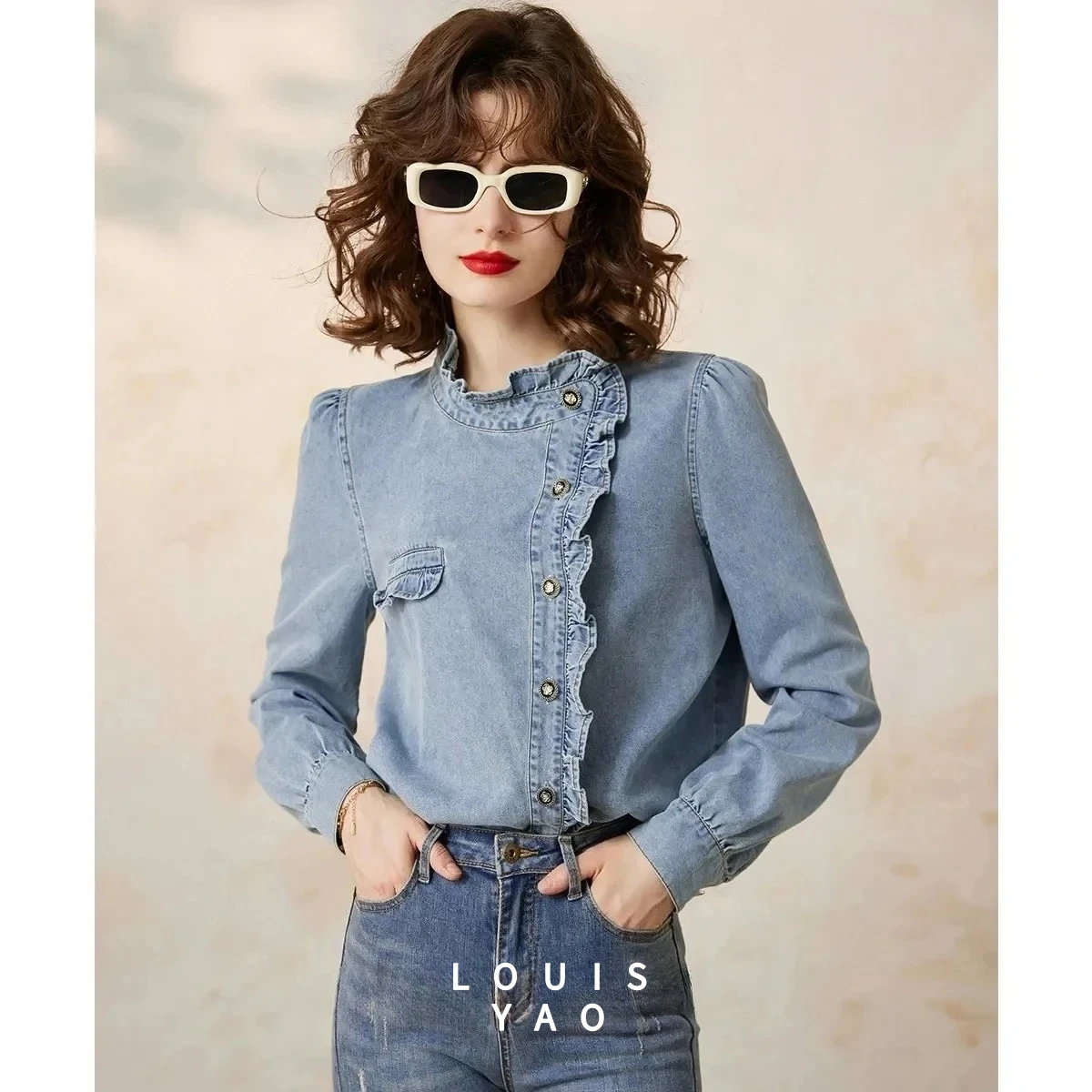 LOUISYAO Ruffled Denim Blouse 2025 Spring Autumn Women Small Stand Collar Oblique Placket Long Sleeve Jean Shirt
