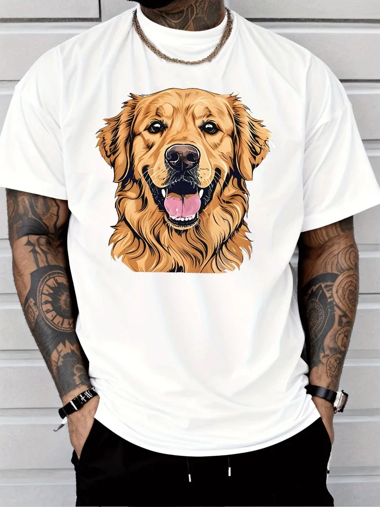 Men Summer Cotton Tee Cute Golden Retriever Dog Portrait Graphic Pet Lover Casual Short Sleeve Daily Fashion Streetwear Top