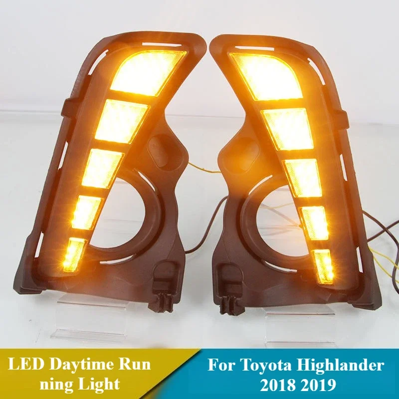 

For Toyota Highlander 2018 2019 12V LED Daytime Running Light DRL Front Bumper Daylights with Dynamic Turn Signal Fog Lamp