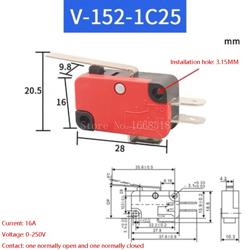 V-15 V-151 V-152 V-153 V-154 V-155 V-156-1C25 Mikroprzełącznik 16A 250VAC SPDT Chwilowy wyłącznik krańcowy 1NO1NC Rolka dźwigniowa