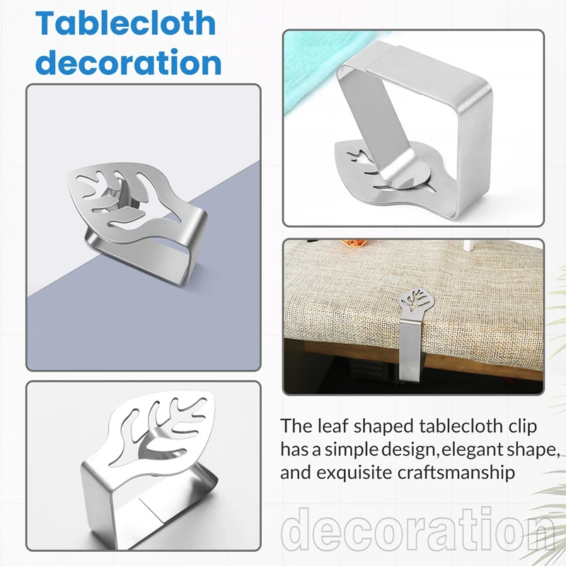 8 Pcs Silver Stainless Steel Tablecloth Clip Creative Leaf-Shaped Table Fixing Clip Thickened Non-Slip Tablecloth Rack-ABEO