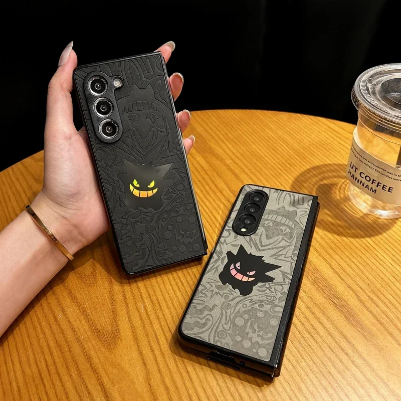 Japan Anime Pocket Monsters Pokemon Gengar Laser Phone Case For Samsung Galaxy Z Fold 6 5 Hard Leather Back Cover For Z Flod 4