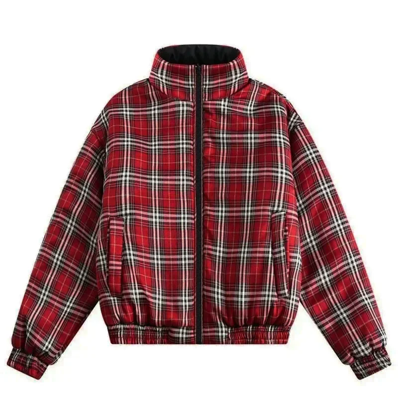 Vintage Double-sided Jacket Parka Men Women Cropped Plaid winter Thicken Stand Collar Loose Coat Street Outwear Lightweight New