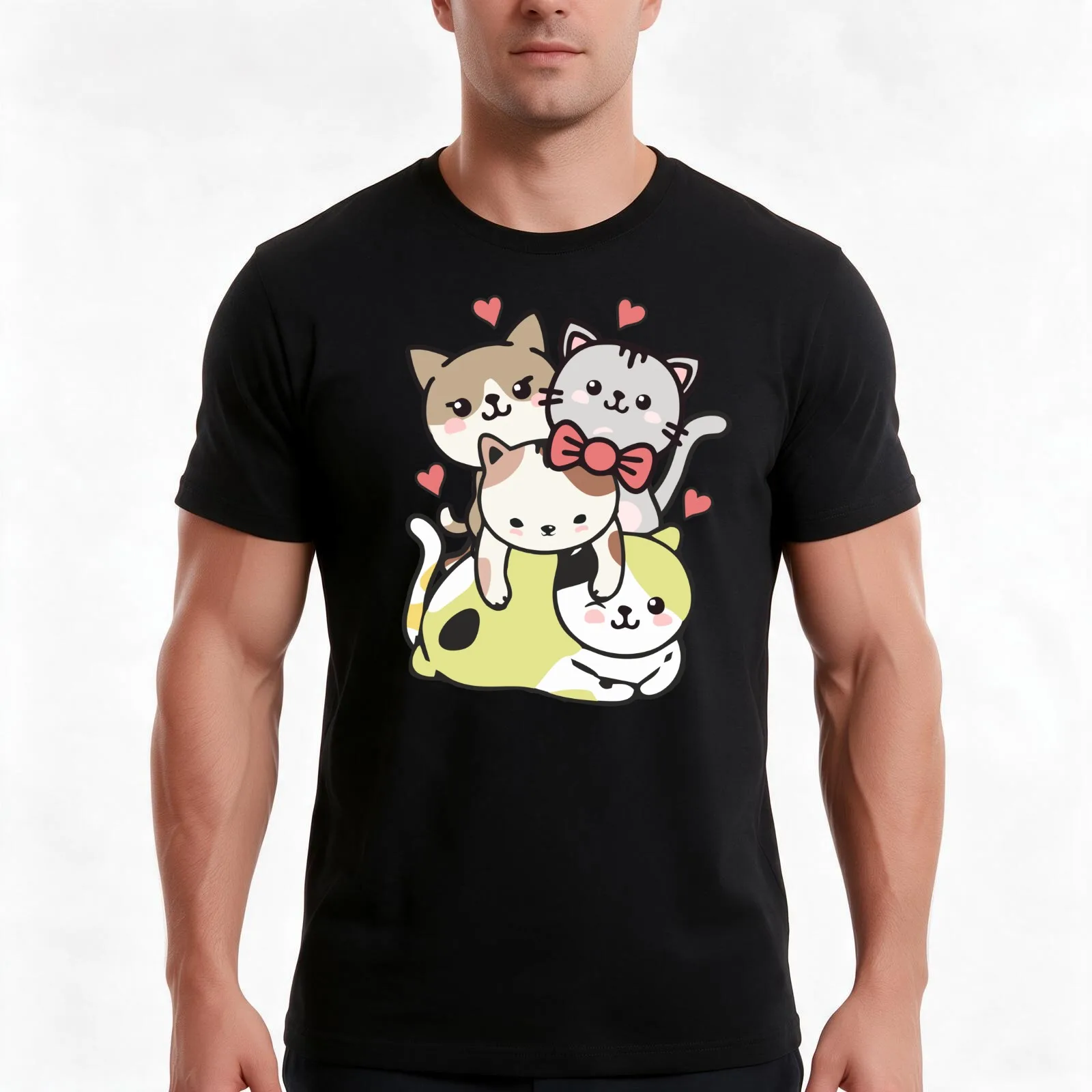 Cats Kawaii Cute Cat Mountain Kittens Pile Anime Neko Lover Gift T-Shirt, Summer Casual Cotton Tee, Oversized Streetwear Tops