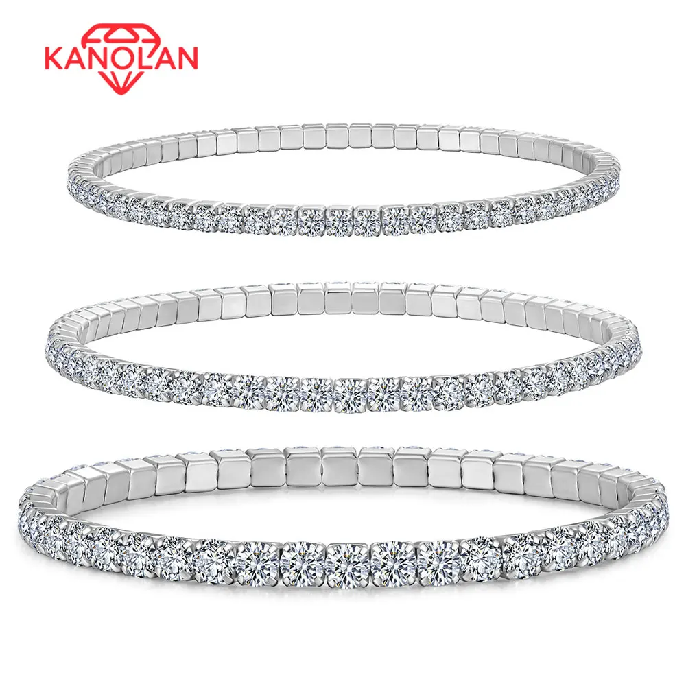Kanolan 3.84-12ct D VVS1 Moissanite Tennis Bracelet 2.5/3/4mm 925 Sterling Silver Elastic Dainty Tennis Bracelets for Women Men